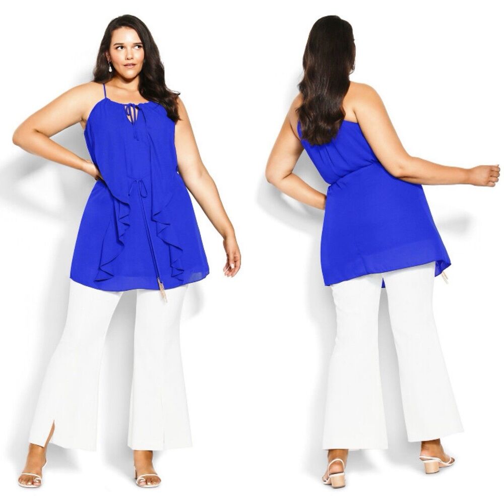 NEW! CITY CHIC Waterfall Tunic Top Blouse Cobalt Blue Ruffle Halter Plus Size 16